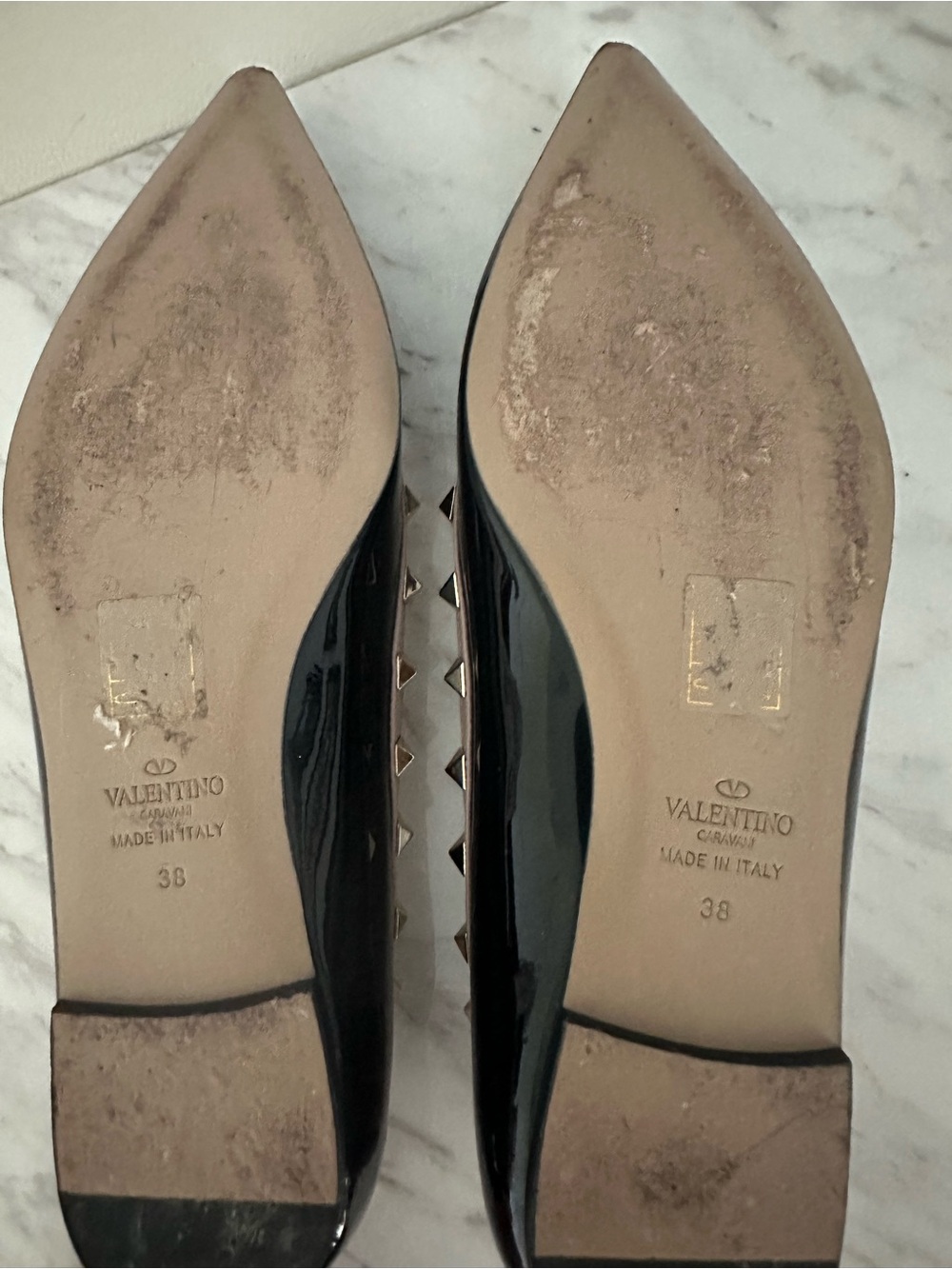 Valentino Black Patent Pointed Flats with Nude Trim & Gold Studs - Picture 4 of 5
